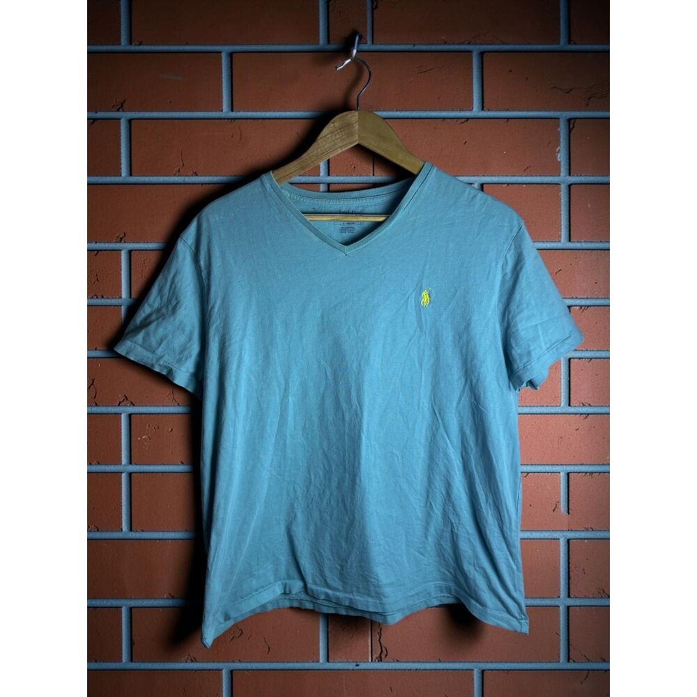 Polo Ralph Lauren V Neck T Shirt Light Blue Pony Logo Mens Large